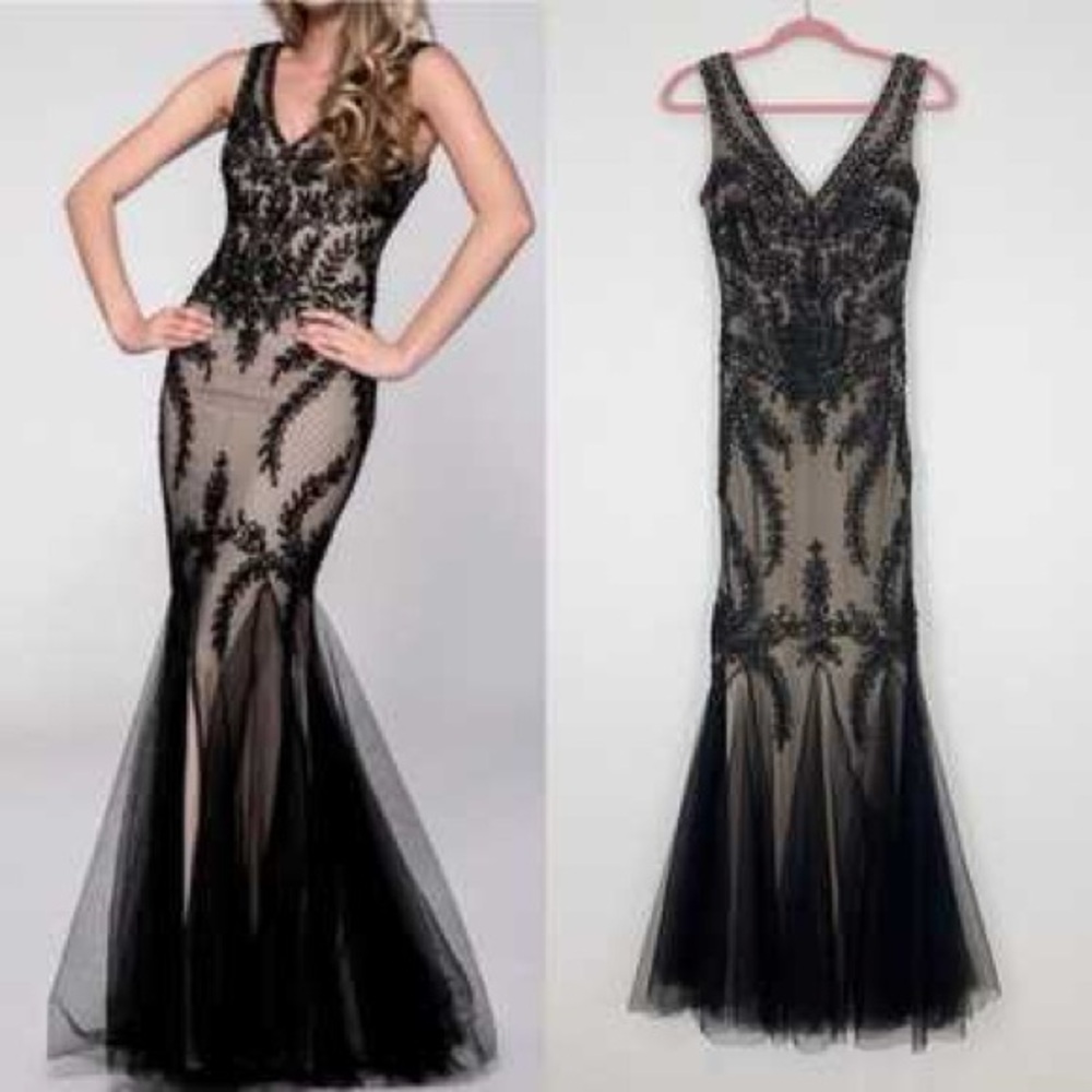 Cachet Black and Nude Lace Prom Dress